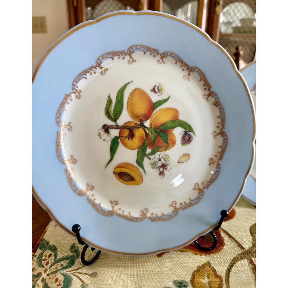 Set of 4 Vintage Limoges France Fruit Dessert Plates, Blue Gold Gilt Scroll 7.5" - Picture 2 of 5